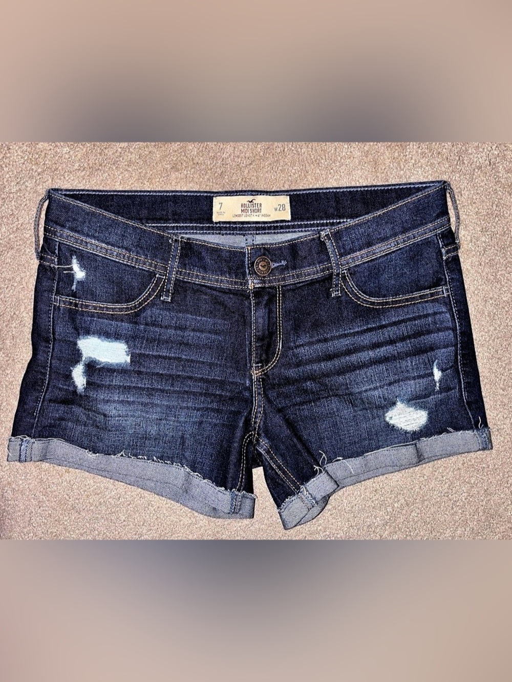 Hollister Midi Short Distressed Denim Shorts in Blue Waist 28